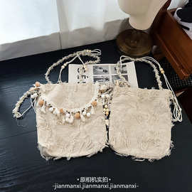 度假风新款复古文艺新中式日常度假轻便单肩大容量抽绳斜挎包批发