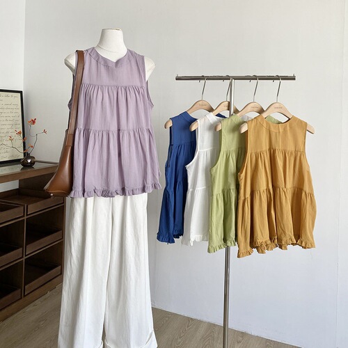 Korean-style sweet 2026 summer new Korean-designed ruffled hem sleeveless loose-fit figure-flattering all-match round neckline.