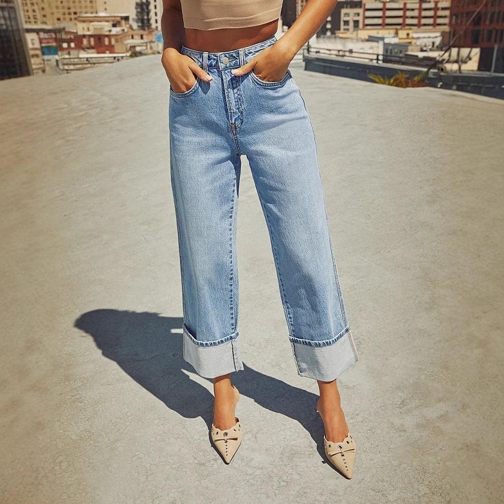 Jeans Rectos de Tiro Alto para Mujer de Mezclilla de Algodón y Poliéster, Elásticos