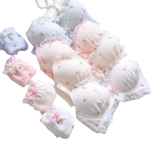 Long-term Japanese two-color water-soluble embroidered film cup without rims fresh girl cute push-up underwear bra set