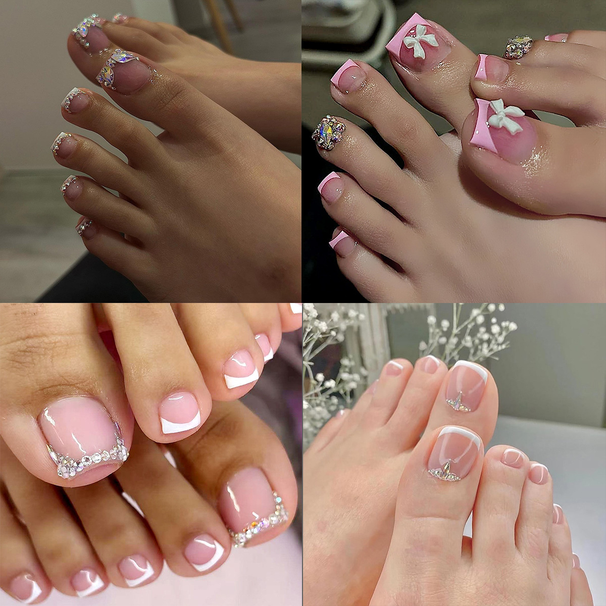 Use un parche de uñas de pies use un parche de uñas de verano brillado francés bordes blancos rosa puro de uñas de los pies