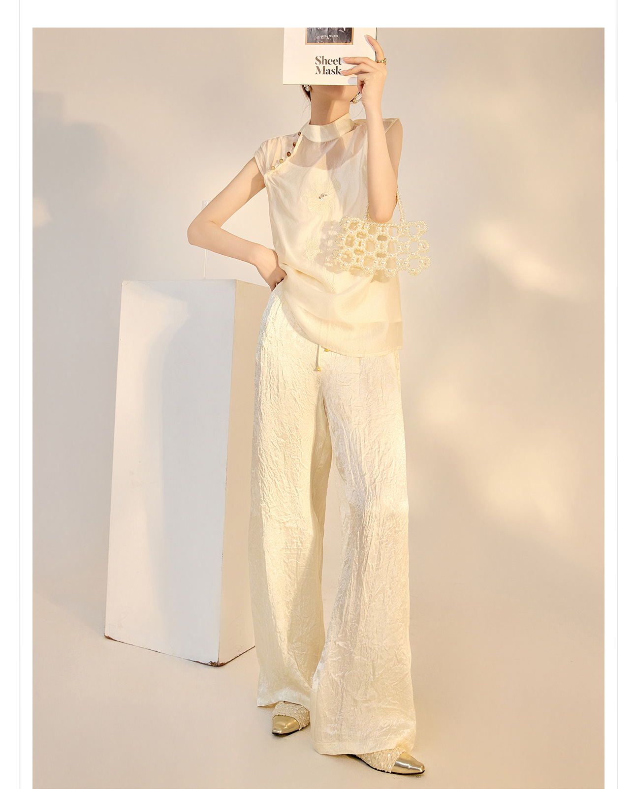 Quần culottes nữ ống rộng chất acetate phong cách Trung Quốc mới — Màu vàng, Màu hồng, Màu trắng chi tiết 7