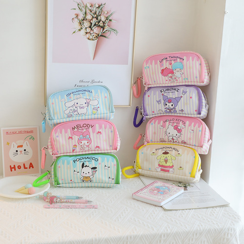 Cartoon PU large-capacity retractable portable student pen bag double-layer compartment travel storage cosmetic bag storage bag
