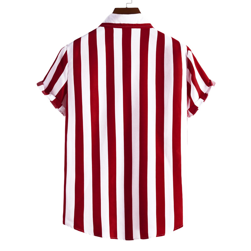 Striped men's 2023 summer new fashionable and minimalist color contrast loose short sleeved lapel single breasted shirt_voghion.com