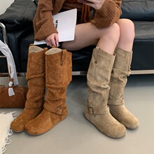 2025新款磨砂绒面低跟高筒靴子复古内增高平底西部牛仔靴