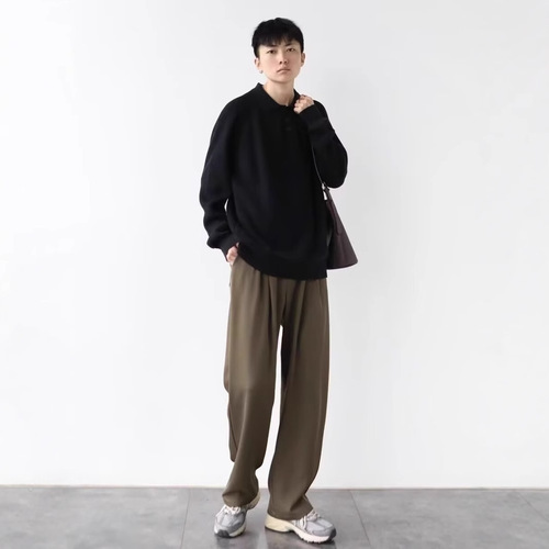 Pure Color Collar Sweater for Men - Autumn Simple and Versatile Hoodless Knit Top - Japanese Style Trendy Men Loose Knit Polo Shirt