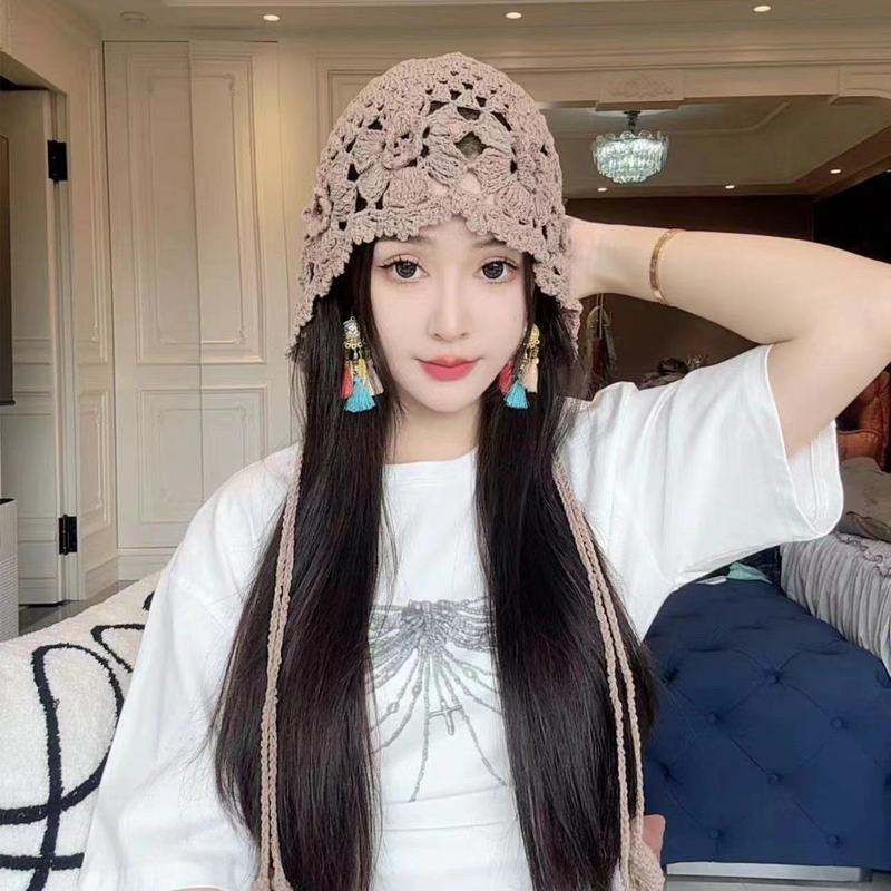 春夏薄款手工编针织帽女镂空钩花毛线帽甜美文艺显脸小包头堆堆帽|undefined