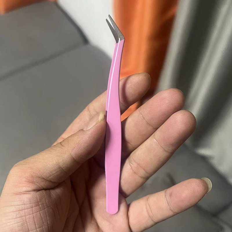 Pinzas para pestañas de acero inoxidable, punta curva, rosa