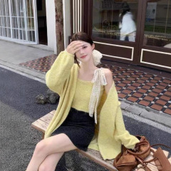 2025韩系纯色毛衣外套套装女秋冬宽松针织开衫小背心两件套温柔风