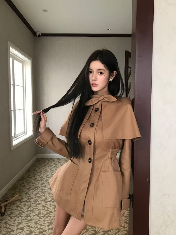 南韩贵女千金英伦风拼接蝴蝶领结假两件收腰斗篷风衣外套女中长款|undefined