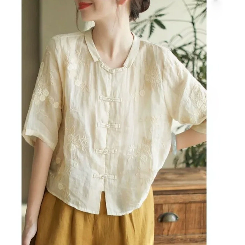 Новая женская рубашка из хлопка и льна с вышивкой в ​​китайском стиле, летняя двубортная однотонная элегантная тонкая рубашка на пуговицах, литературное ретро