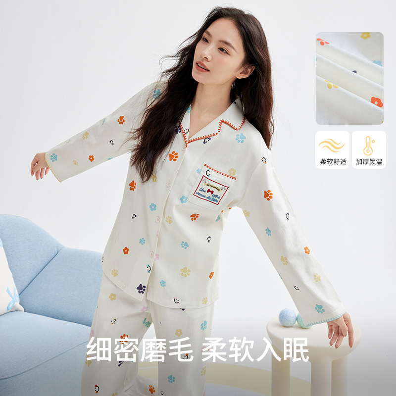 纯棉猫爪印梭织磨毛睡衣女秋冬季保暖家居服女士秋季居家睡衣套装|undefined