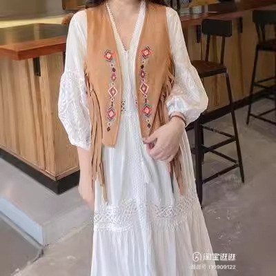 Ethnic Style Vintage Suede Vest for Women with Embroidery, Paired with Skirt and Outerwear, Bohemian Fringe Cardigan