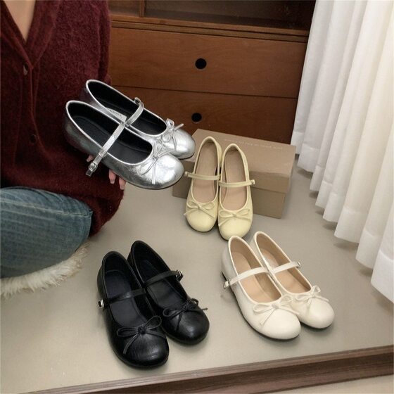 Inner Height silver Bow Ballet Shoes Women's Shoes 2025 Spring New Fairy Thick-soled Mary Jane Shoes
