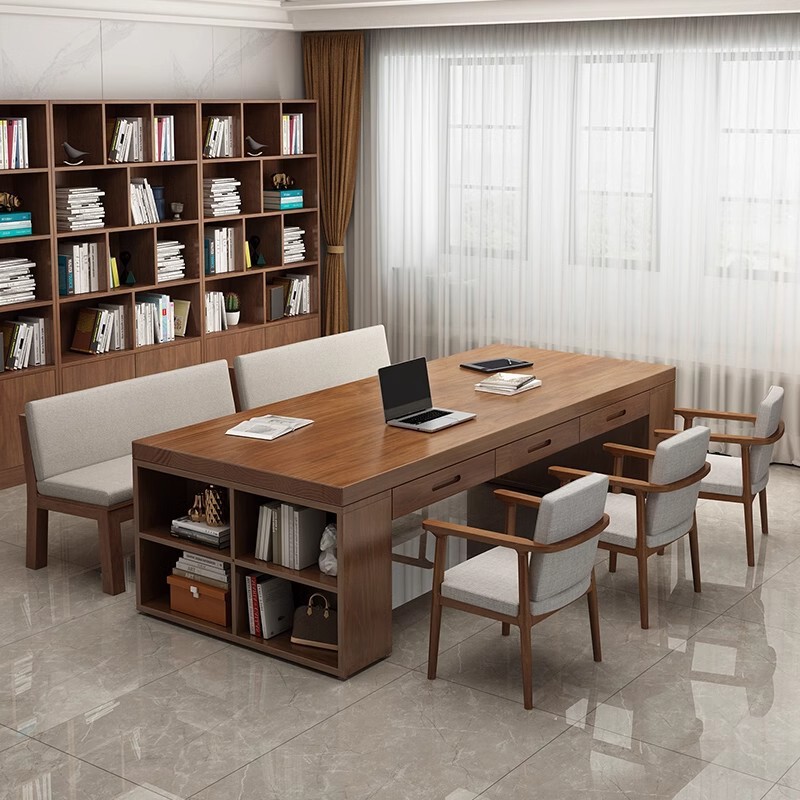 Modern minimalist study desk with drawer large long desk bookshelf integrated home apartment solid wood desk shelf
