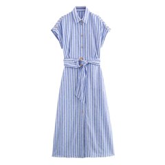 速売通卸売り夏の新型女装縞襟単列ボタン半袖帯迷笛ワンピース