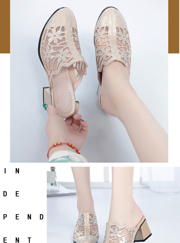 Giày cao gót da thật nữ mũi tròn bít, đế thấp thoải mái, có lỗ lưới đính đá Rhinestone — Màu be chi tiết 8