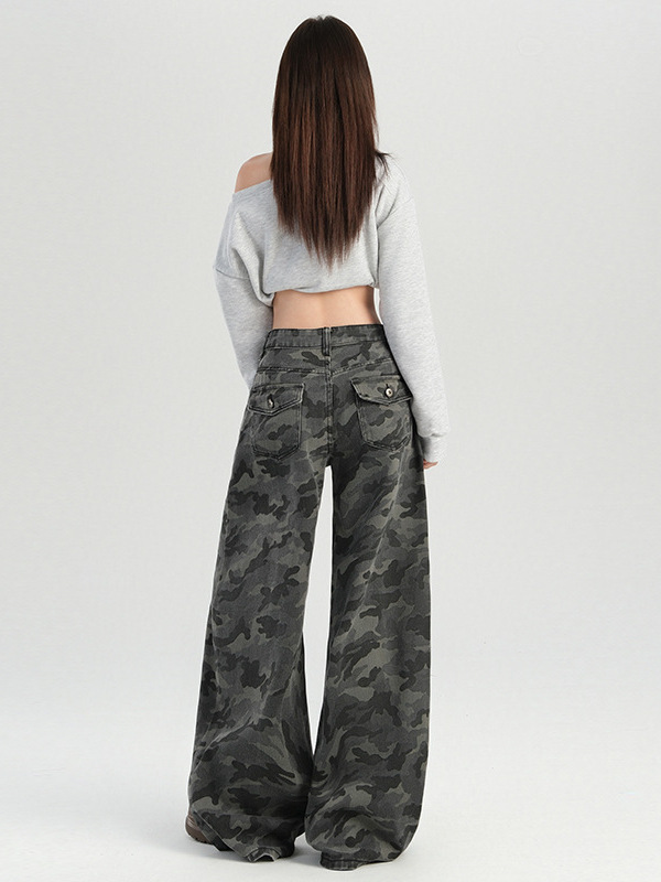 オレンジシルクの女性服 # アメリカンホットガール迷彩ハイウエストワイドレッグカジュアルパンツ女性の秋の新しいハイストリートスリムフロアモップパンツ