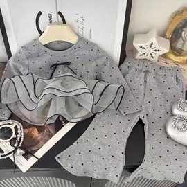 女童套装2025春秋季韩版新款波点洋气蝴蝶结花边上衣喇叭裤两件套