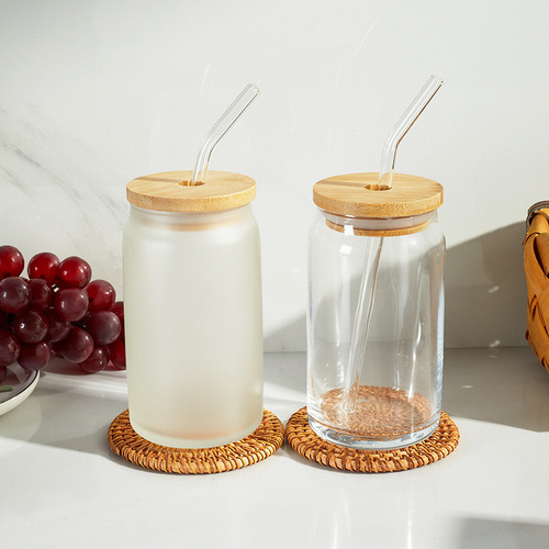 Foreign trade ins style 16oz transparent frosted thickened Libby glass straw cup can can Coke water cup with bamboo lid