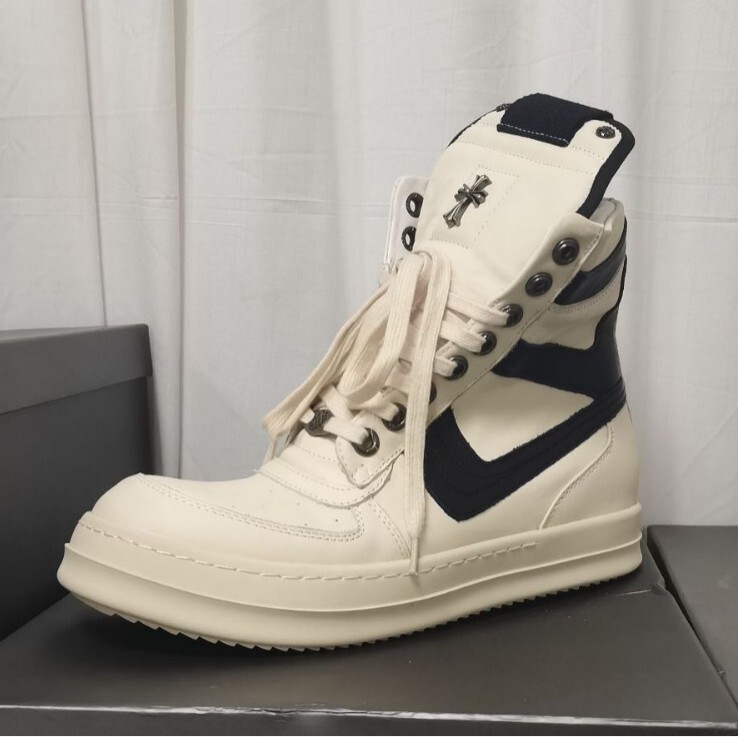 25r Spring and Autumn Trendy Men's Shoes Round Head High-top Shoes Black and White Large Inverted Triangle White Cross Thick Bottom Lace European and American Lace 0