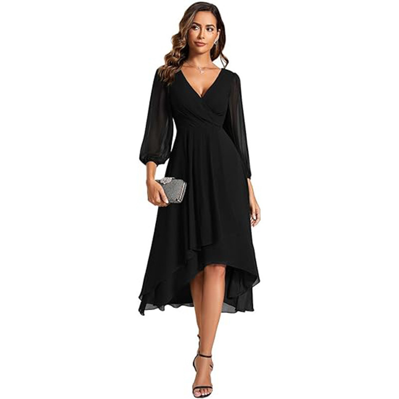 Amazon New Cross-Border V-Neck Long-Sleeve Dress for Women, Loose-Fitting Bridesmaid Dress, Casual Party Evening Dress