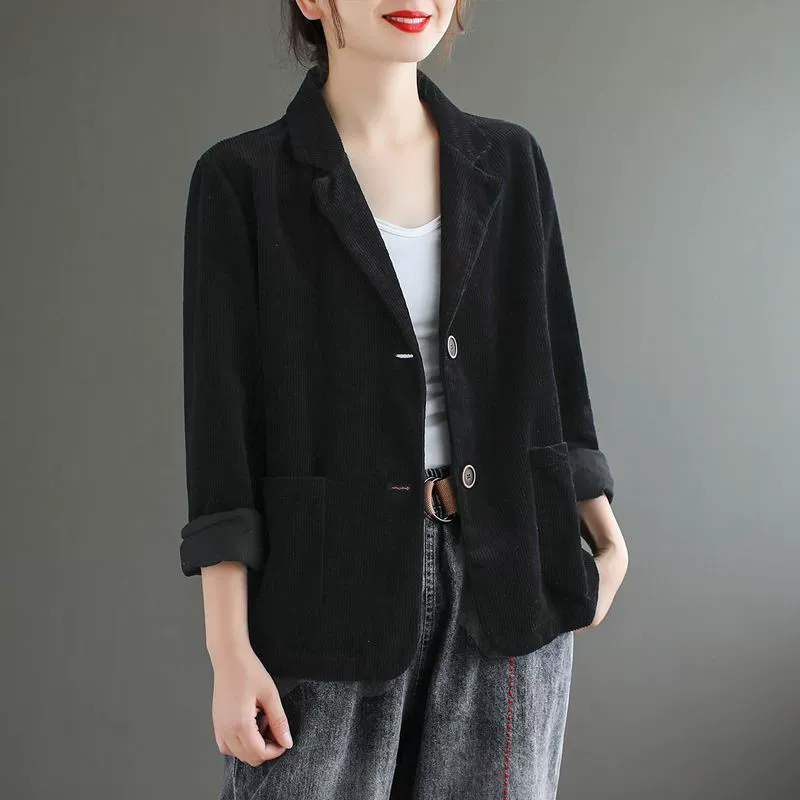 Костюм из гуда Corduroy, однотонный пиджак, осенний ретро с длинным рукавом для отдыха, высокий воротник, 2023, оверсайз