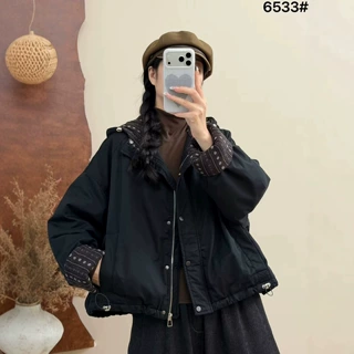 琪镌绘制夹棉连帽长袖棉服外套女2026秋冬新款宽松保暖棉衣女6533