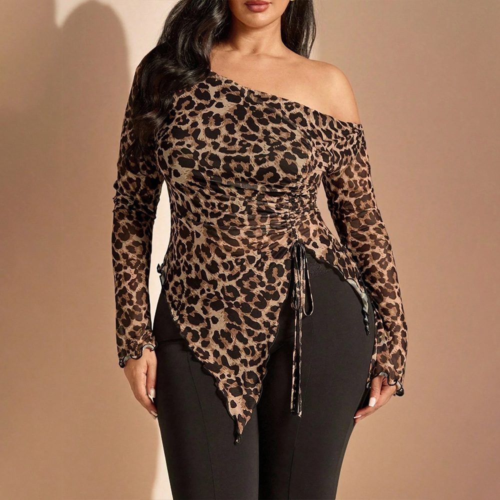 Brand Women’s Leopard Print Asymmetric One Shoulder Mesh Top, Flare Long Sleeve Slim Fit Sheer Blouse For Club Night Daily Casual Wear_ecoleips.com