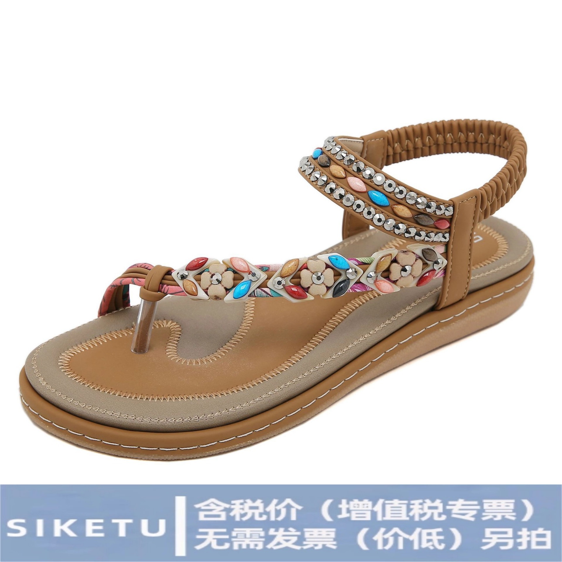 W676-3 Nuevas Sandalias de Verano 2025 con Pedrería, Sandalias Planas Casuales y Cómodas con Punta Redonda para la Playa