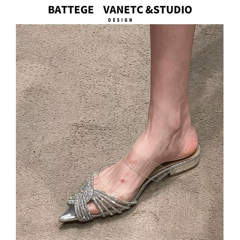 Прозрачные стразы сандалии женский 2025 осень новые пвх остроконечные плоские туфли сексуальный ремень с двумя носками сандалии