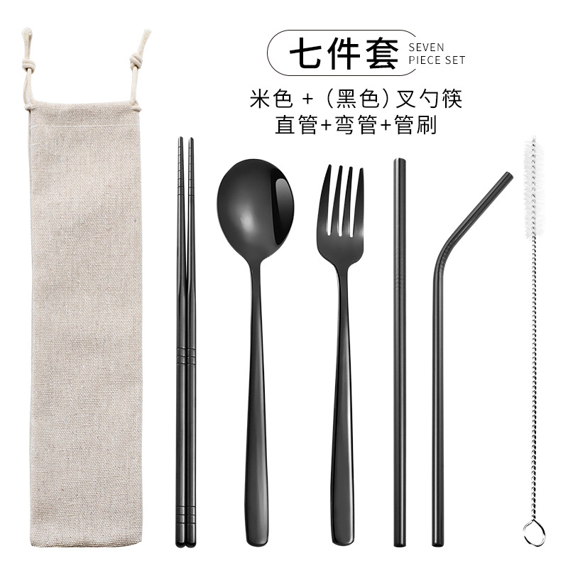 Venta caliente transfronteriza 304 paja de acero inoxidable vajilla portátil creativo chapado en oro palillos coreanos cuchara tenedor paja 7 piezas traje