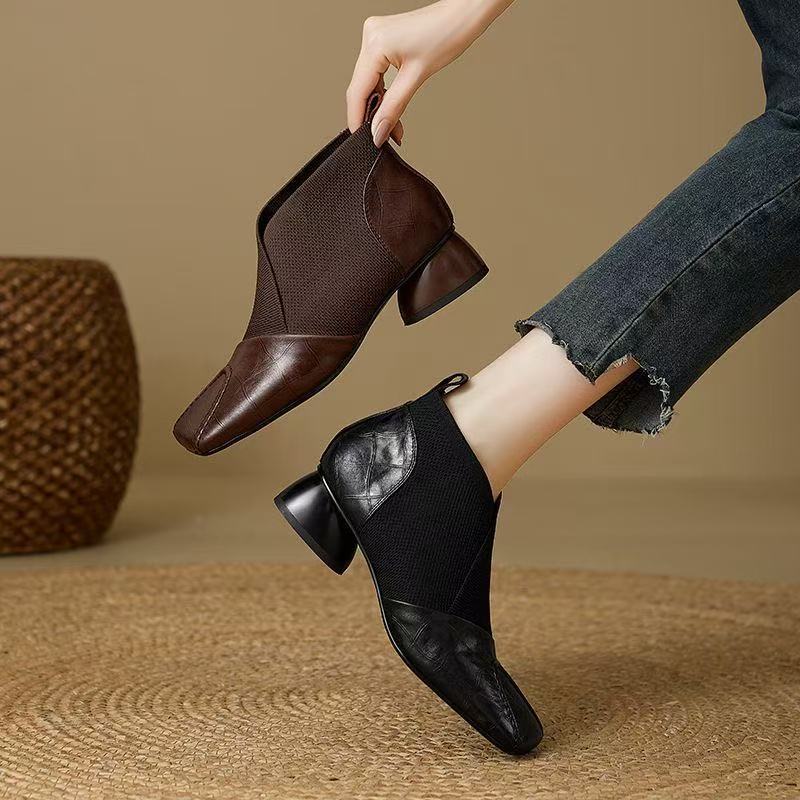 French-Style Deep-Cut Single Shoes for Women, Spring and Autumn, Square Toe, Medium Heel, Chunky Heel, Soft Leather, Elastic Ankle Boots, British Style