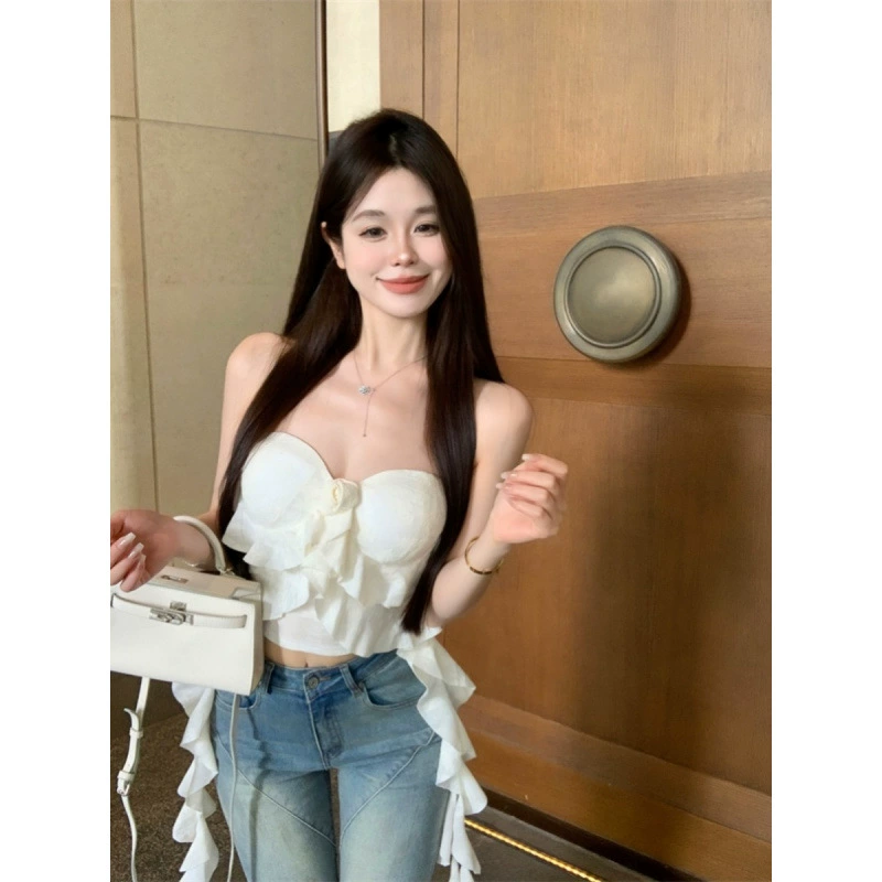 Милый топ без рукавов с цветочным принтом и рюшами для женщин, летняя новинка, сексуальная утягивающая внутренняя одежда для девочек, внешний топ