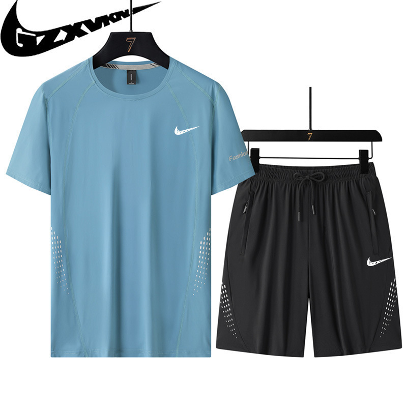 Men's Sports Suit Summer Ice Silk Quick-Drying Shorts Short-Sleeved Sports Clothing Men's Running T-Shirt Casual and Breathable