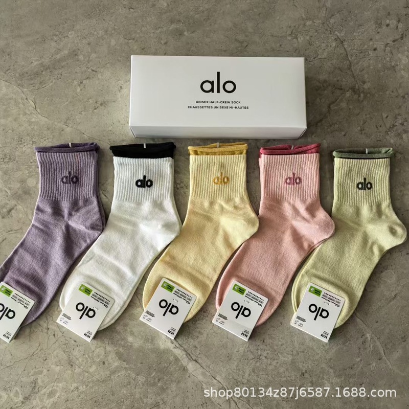 新品alo男女5双盒装运动短袜四季吸汗纯色网眼棉袜时尚男女情侣袜|undefined