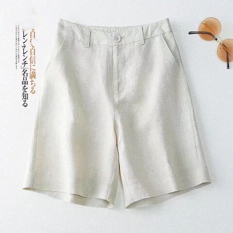 Cotton Linen Shorts Women's Summer New High Waist Casual Wide Leg Pants Women's Linen Medium Pants All-match Straight Pants for Women