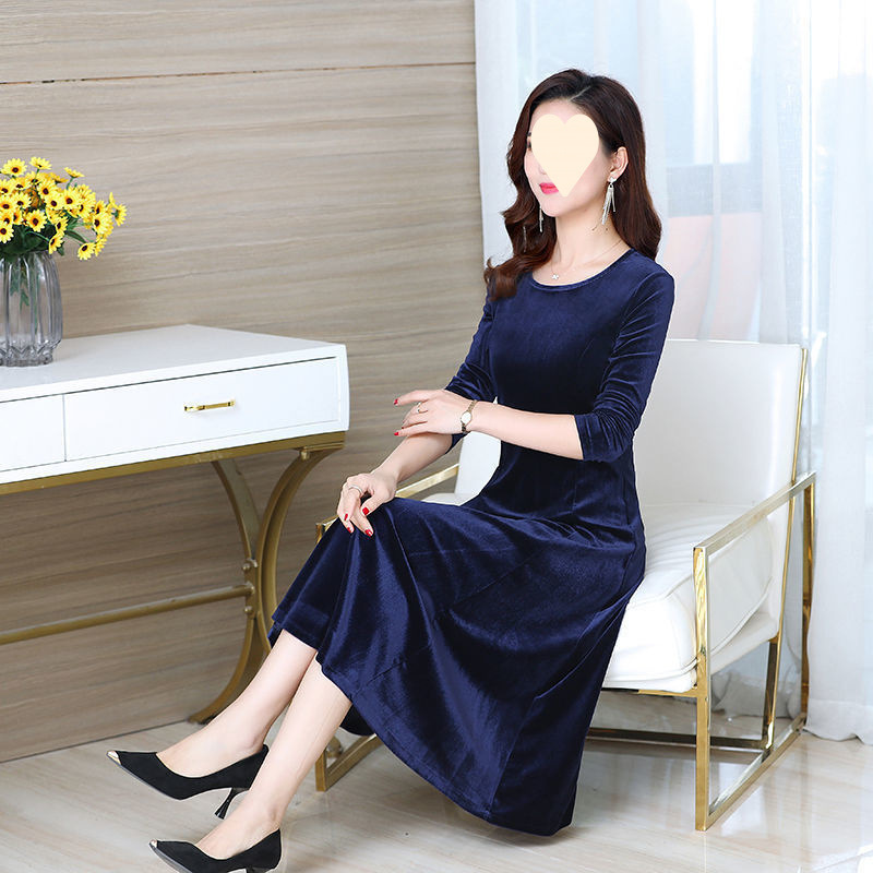 连衣裙女秋冬新款金丝绒连衣裙女中长款修身大码妈妈裙女装|undefined