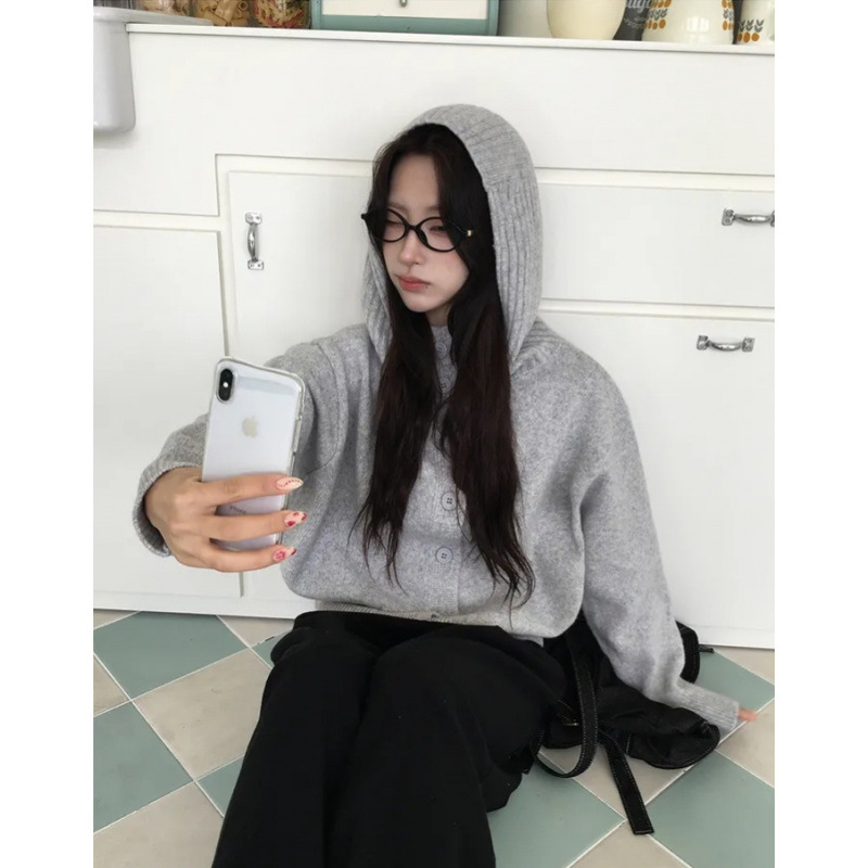 韩国chic网红时尚百搭纽扣针织衫连帽开衫毛衣外套女