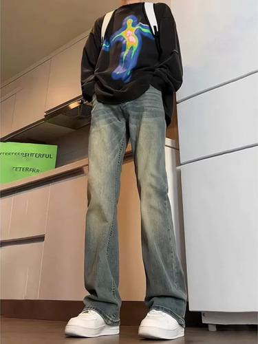 American high street retro blue high-waist jeans men's autumn vibe pants tall slim straight pants