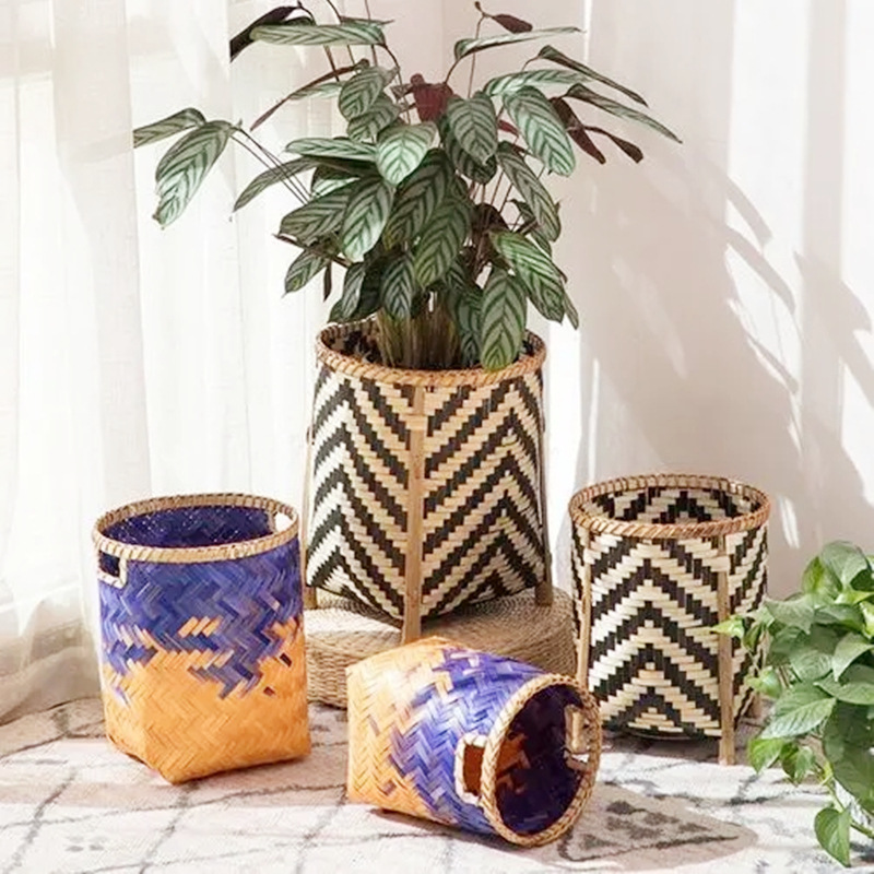 Cesta de Flores de Bambú Tejido Hecho a Mano Decorativo para Plantas y Decoración del Hogar