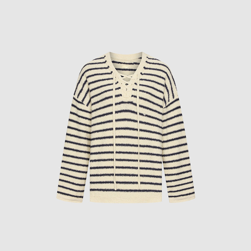 Spring New Women's Casual Color-Block Striped Tie-Neck Knit Sweater Long-Sleeve V-Neck Striped Tie-Up Cardigan