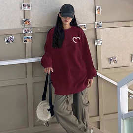 信屿 加绒宽松休闲卫衣秋冬新款外套爱心印花圆领长袖打底衫上衣