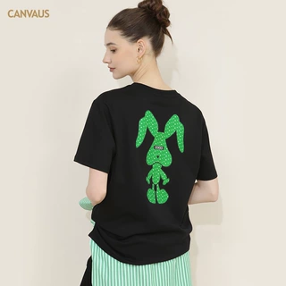 CANVAUS女装圆领兔子印花T恤女落肩短袖宽松棉质卡通上衣日韩休闲