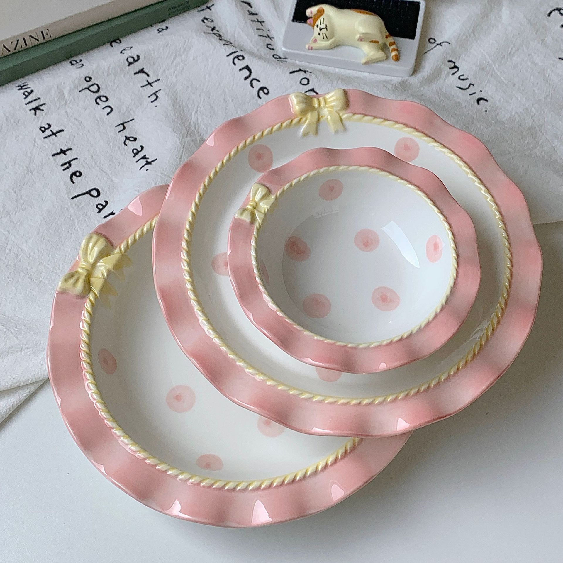 1 Piece Quantity Cute Bow Knot Ceramics Plate Tableware 1 Piece