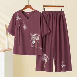 Middle-Aged and Elderly Women's Fashionable and Stylish New Chinese-Style Embroidered Two-Piece Set, Loose Short-Sleeve Chiffon Blouse