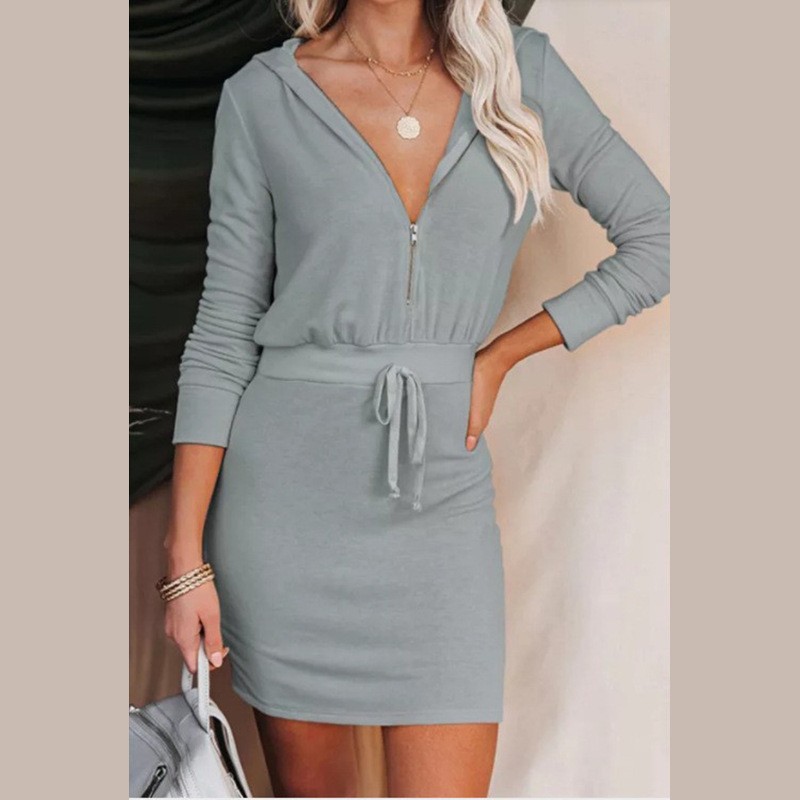 Women's Trendy Solid Color Dress Zip Front Long Sleeve Hoodie Style Waist‑Cinched Casual Daily Wear_ecoleips.com
