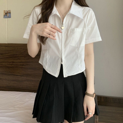 Blue Women's 2025 Summer Collar Double-headed Heart Zipper Design Fashion Fitted Short-sleeve Shirt