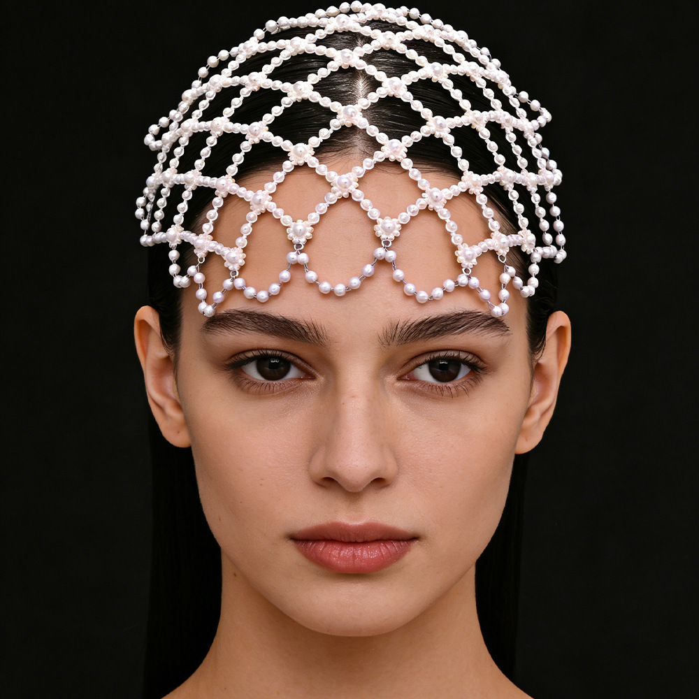 Cross-Border New Product Mesh Pearl Hair Net European and American Fashion Ethnic Style Stage Performance Headwear Hair Accessories Hair Chain