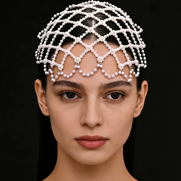 Cross-Border New Product Mesh Pearl Hair Net European and American Fashion Ethnic Style Stage Performance Headwear Hair Accessories Hair Chain